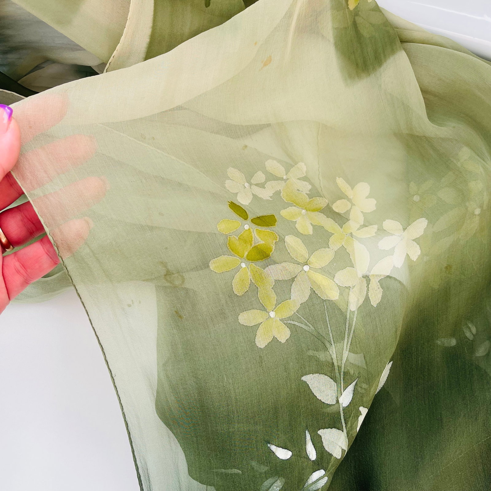 Aquascutum Green Floral 100% Silk Scarf - 6