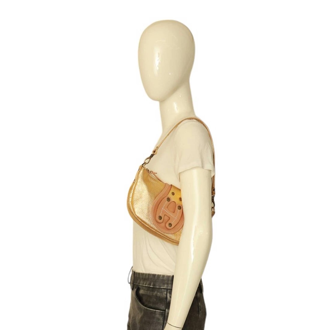 Hogan Gold Leather Beige Det. Shoulder Strap Handbag Zipper top Bag - 11