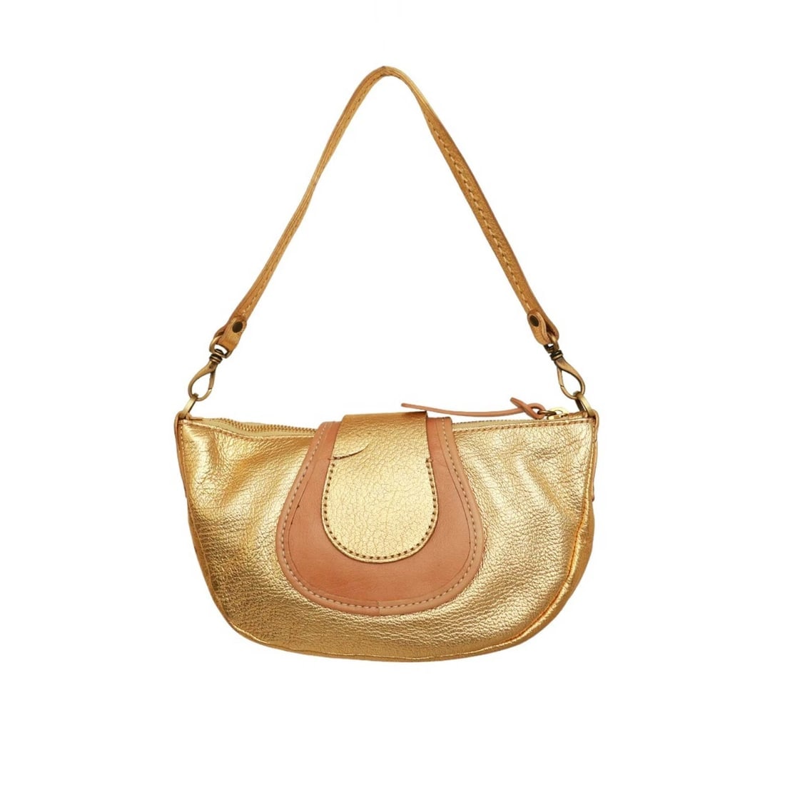 Hogan Gold Leather Beige Det. Shoulder Strap Handbag Zipper top Bag - 2