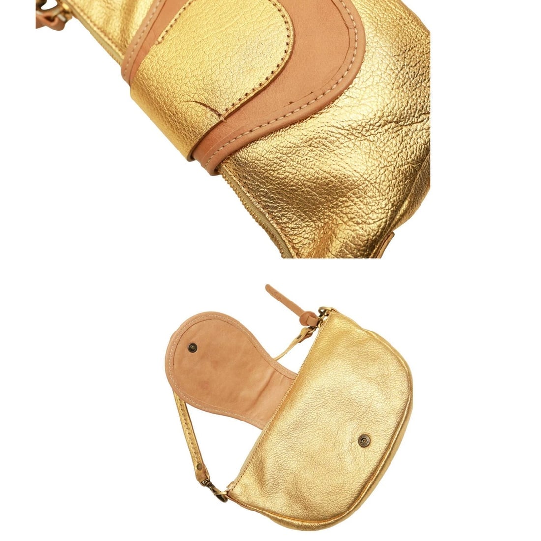 Hogan Gold Leather Beige Det. Shoulder Strap Handbag Zipper top Bag - 6