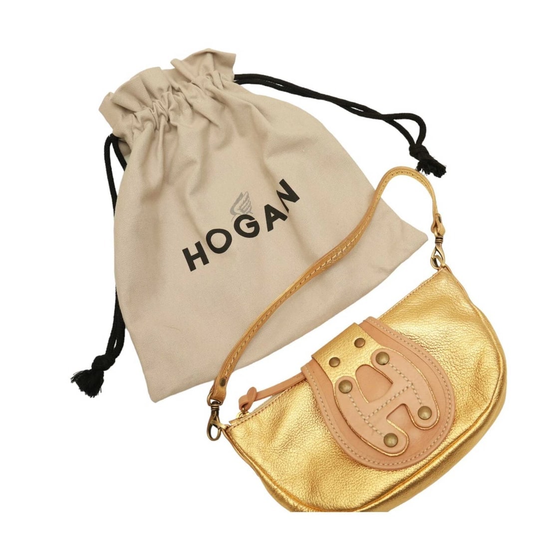 Hogan Gold Leather Beige Det. Shoulder Strap Handbag Zipper top Bag - 9