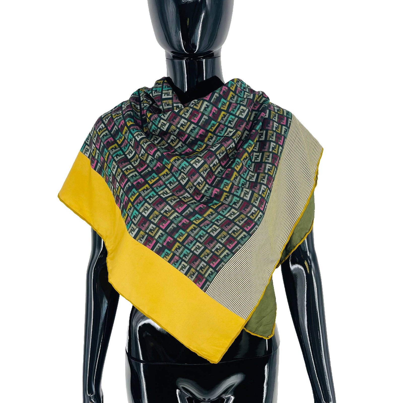 Fendi Green Monogram 100% Silk Scarf - 2