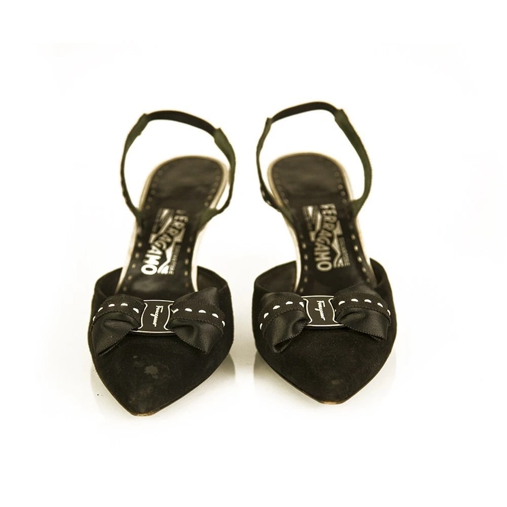Salvatore Ferragamo Black Suede Pointed Toe Bow Slingback heels pumps size 9.5 - 3