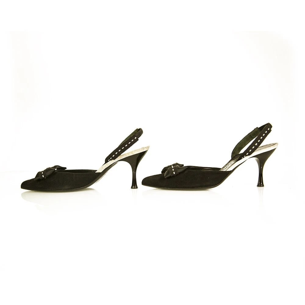 Salvatore Ferragamo Black Suede Pointed Toe Bow Slingback heels pumps size 9.5 - 4