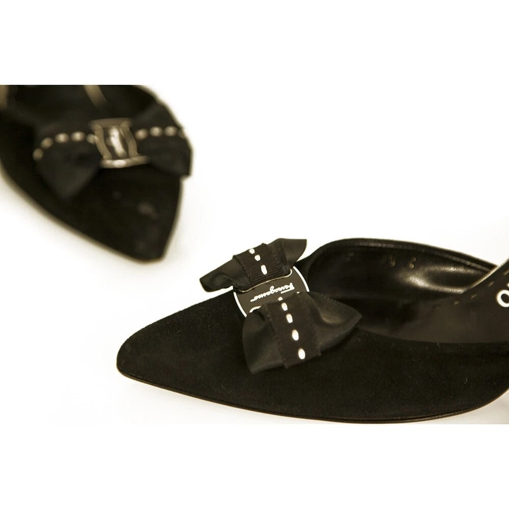 Salvatore Ferragamo Black Suede Pointed Toe Bow Slingback heels pumps size 9.5 - 6