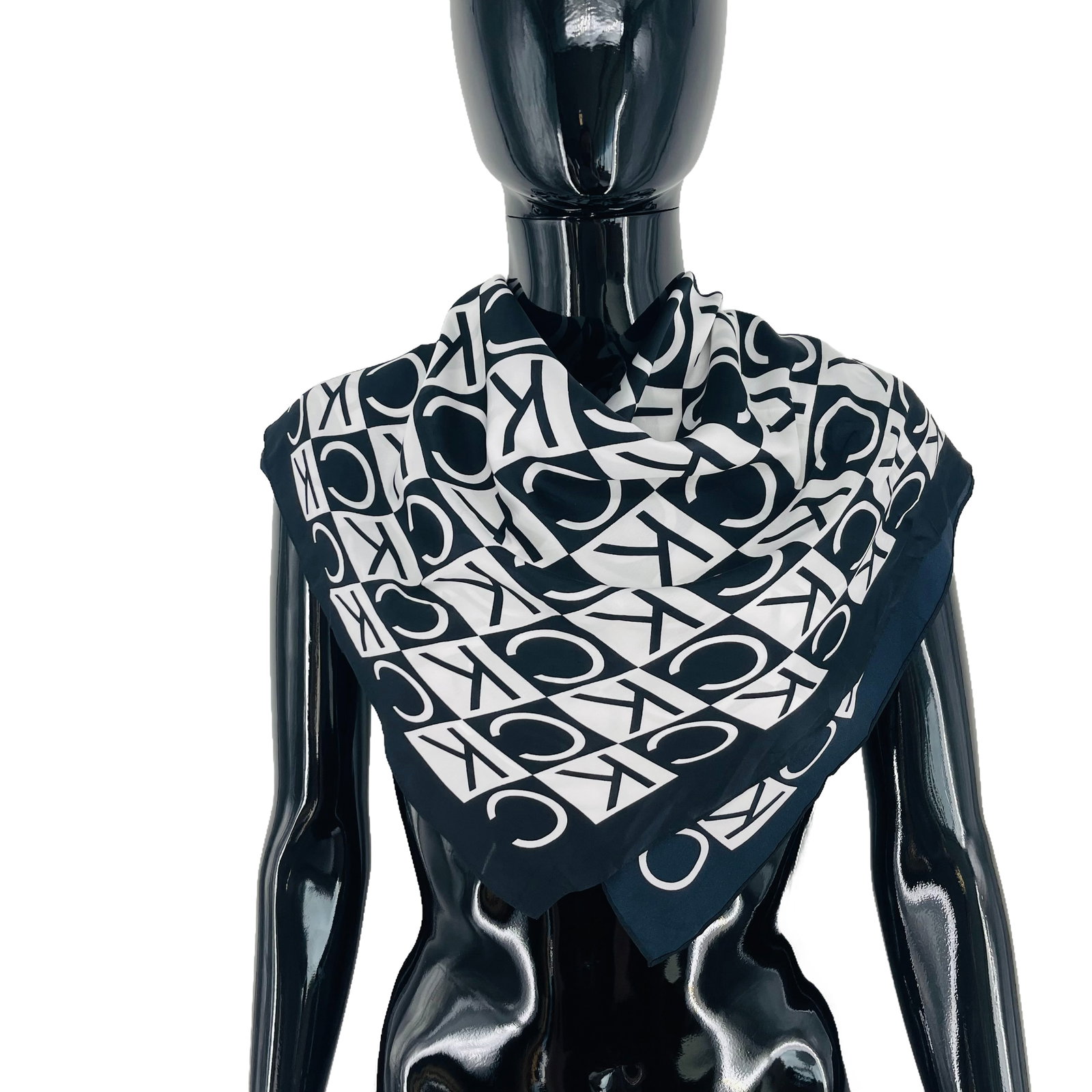 Calvin Klein White & Black Monogram 100% Silk Scarf - 2