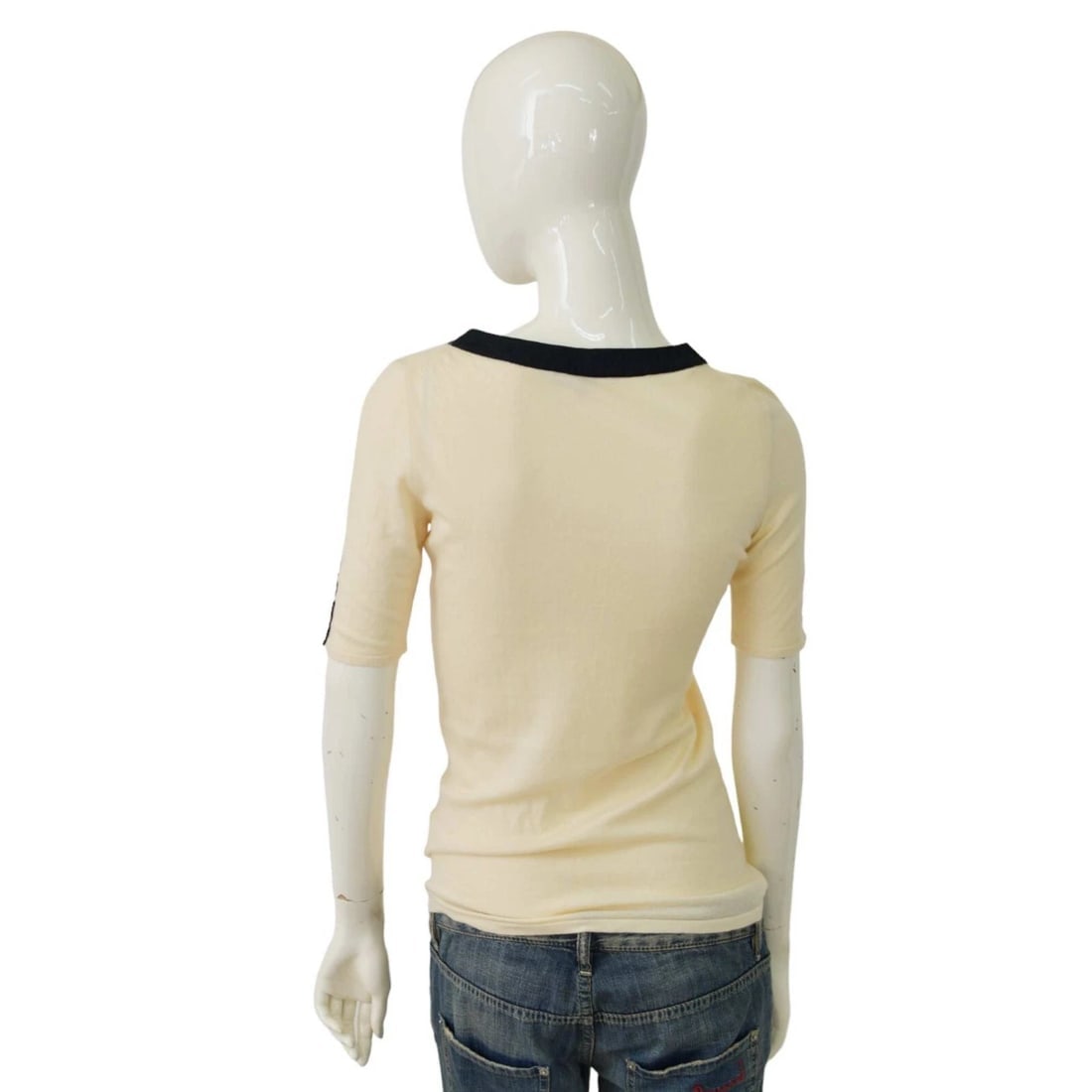 Gucci Cream & Black Trim Buttons Cashmere Top Short sleeve Knit Blouse size M - 2