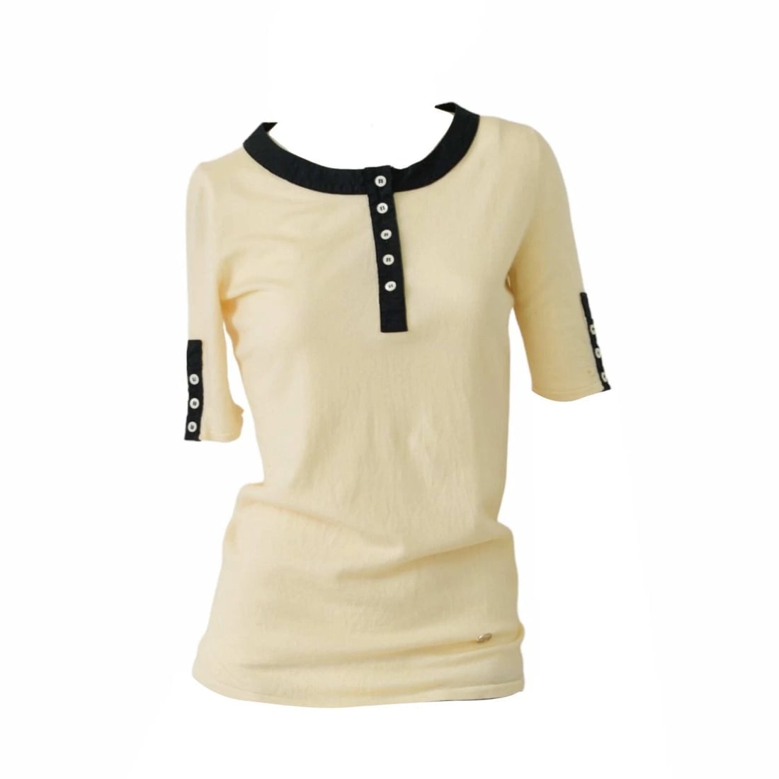 Gucci Cream & Black Trim Buttons Cashmere Top Short sleeve Knit Blouse size M - 8