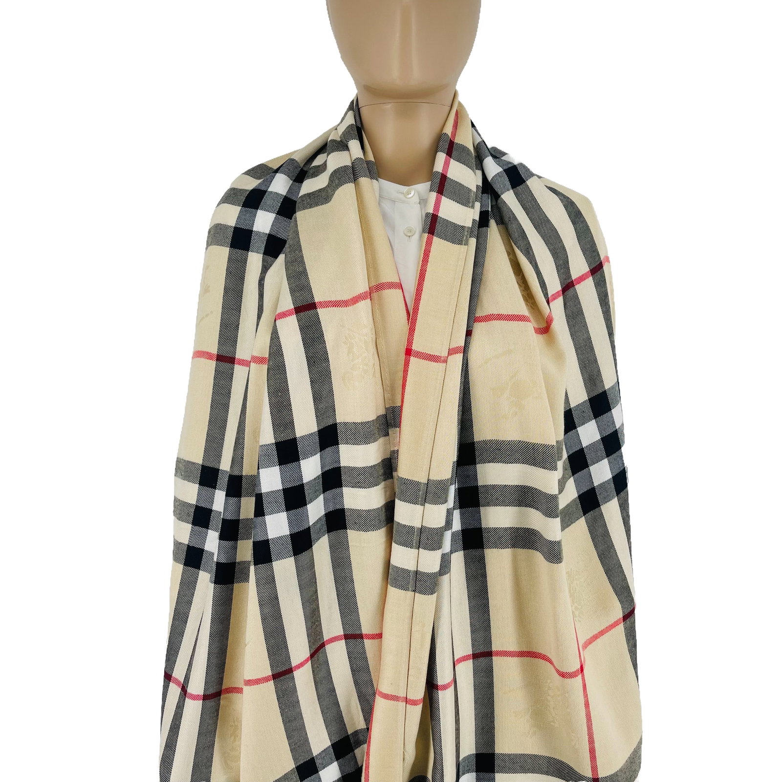 Burberry Beige Plaid Wide 100% Cashmere Scarf - 2