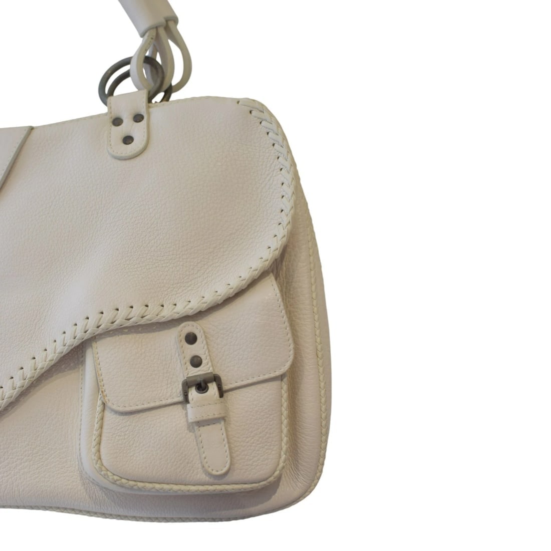 Christian Dior White Pebbled Leather Gaucho Saddle Tote Bag Buckle Key Charm Y2K - 12