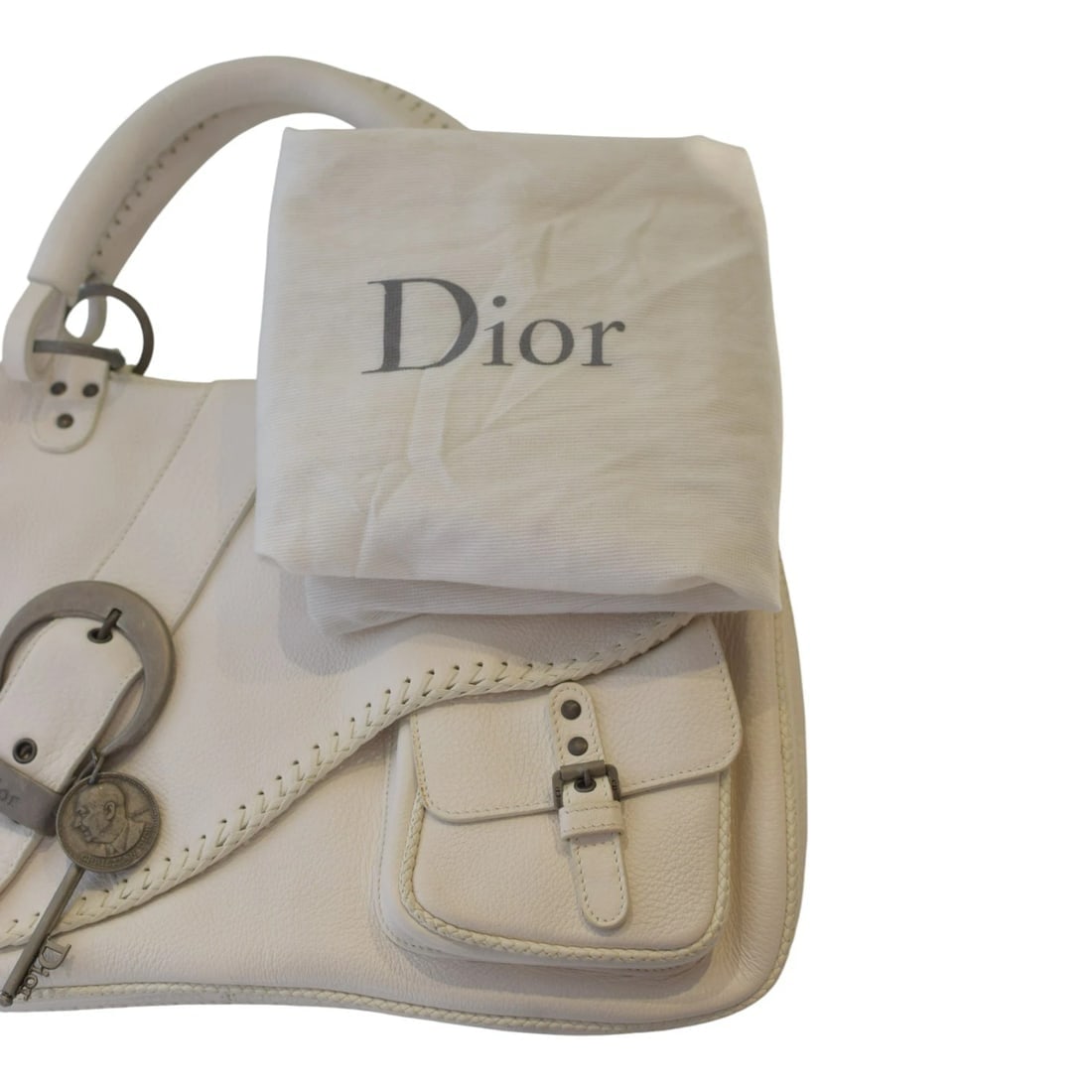 Christian Dior White Pebbled Leather Gaucho Saddle Tote Bag Buckle Key Charm Y2K - 16