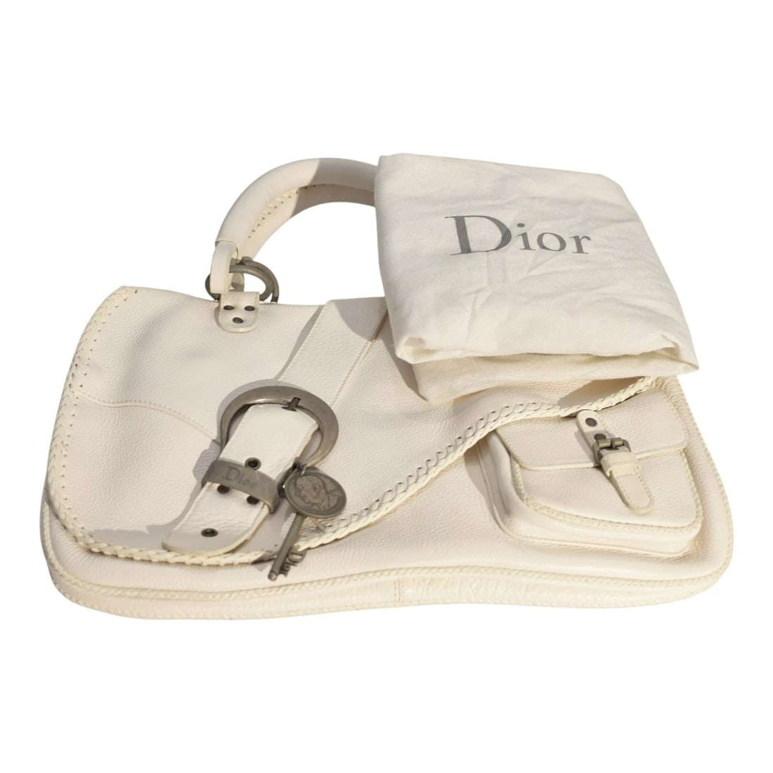 Christian Dior White Pebbled Leather Gaucho Saddle Tote Bag Buckle Key Charm Y2K - 17