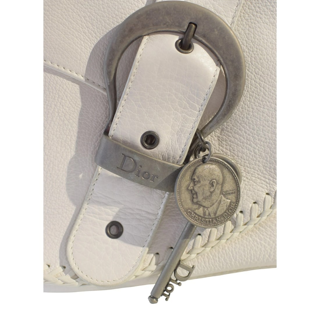 Christian Dior White Pebbled Leather Gaucho Saddle Tote Bag Buckle Key Charm Y2K - 19