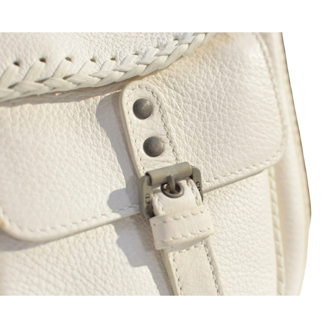 Christian Dior White Pebbled Leather Gaucho Saddle Tote Bag Buckle Key Charm Y2K - 20