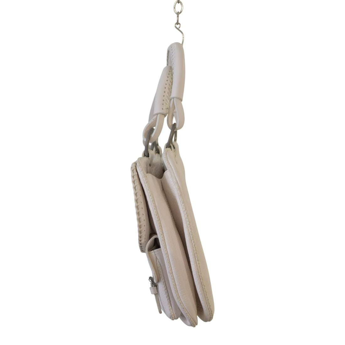 Christian Dior White Pebbled Leather Gaucho Saddle Tote Bag Buckle Key Charm Y2K - 4