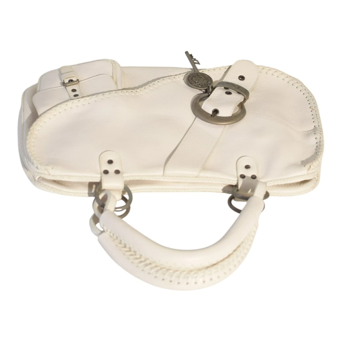 Christian Dior White Pebbled Leather Gaucho Saddle Tote Bag Buckle Key Charm Y2K - 5
