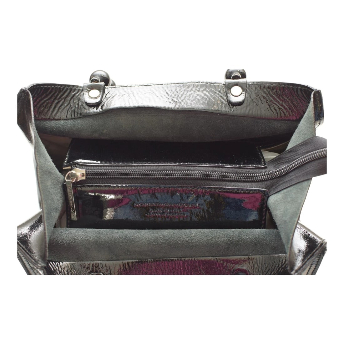 Roberta Gandolfi Black Patent Leather Beaded Top Handles Handbag Zipper Bag - 13