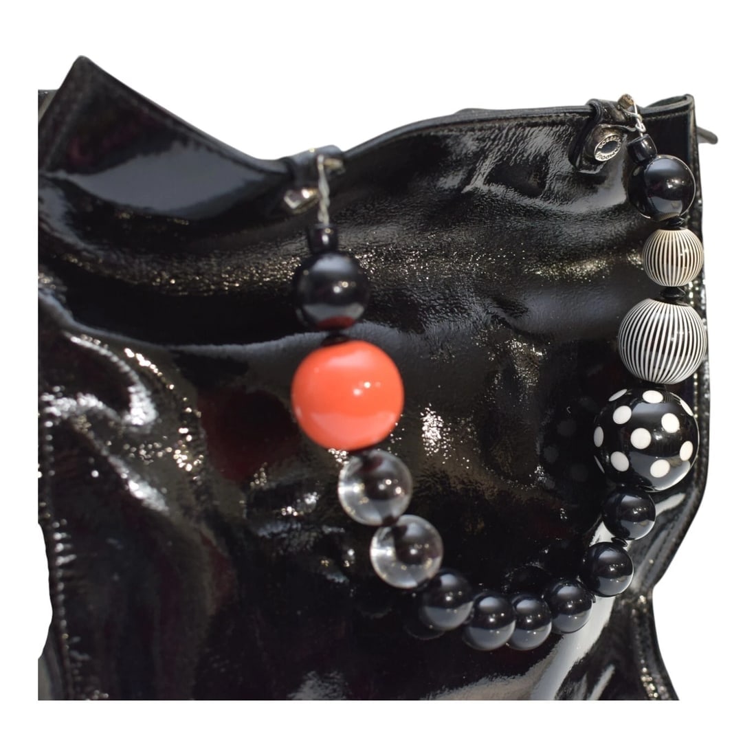 Roberta Gandolfi Black Patent Leather Beaded Top Handles Handbag Zipper Bag - 14