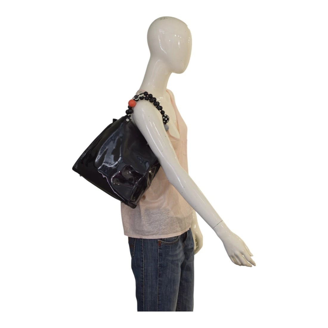 Roberta Gandolfi Black Patent Leather Beaded Top Handles Handbag Zipper Bag - 17