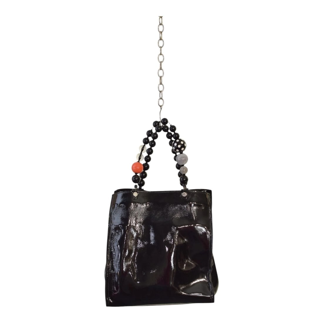 Roberta Gandolfi Black Patent Leather Beaded Top Handles Handbag Zipper Bag: Title: Roberta Gandolfi Black Patent Leather Beaded Top Handles Handbag Zipper Bag Description:Roberta Gandolfi Black Patent Leather Beaded Top Handles Handbag Zipper Bag And here's a chic and joyful