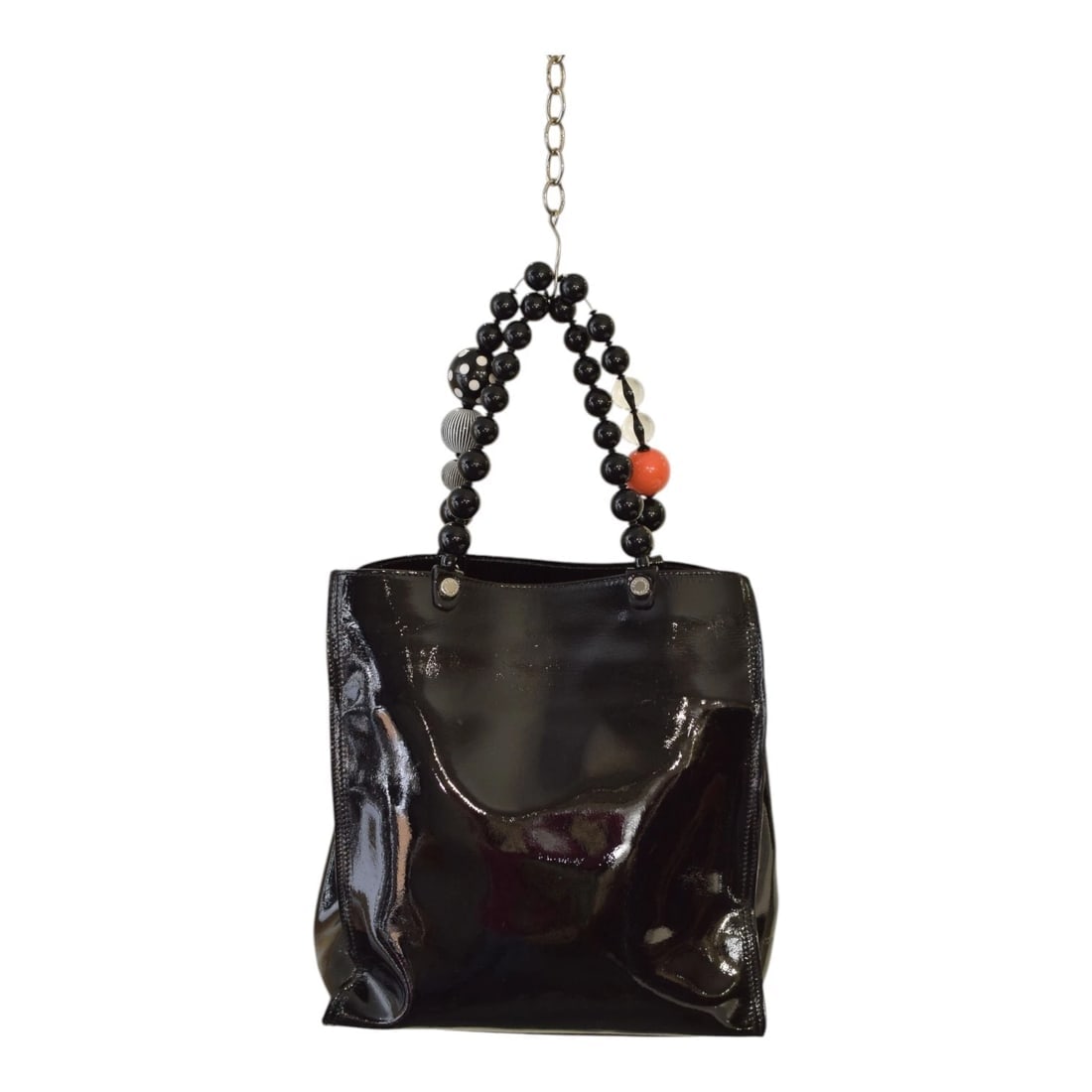 Roberta Gandolfi Black Patent Leather Beaded Top Handles Handbag Zipper Bag - 2