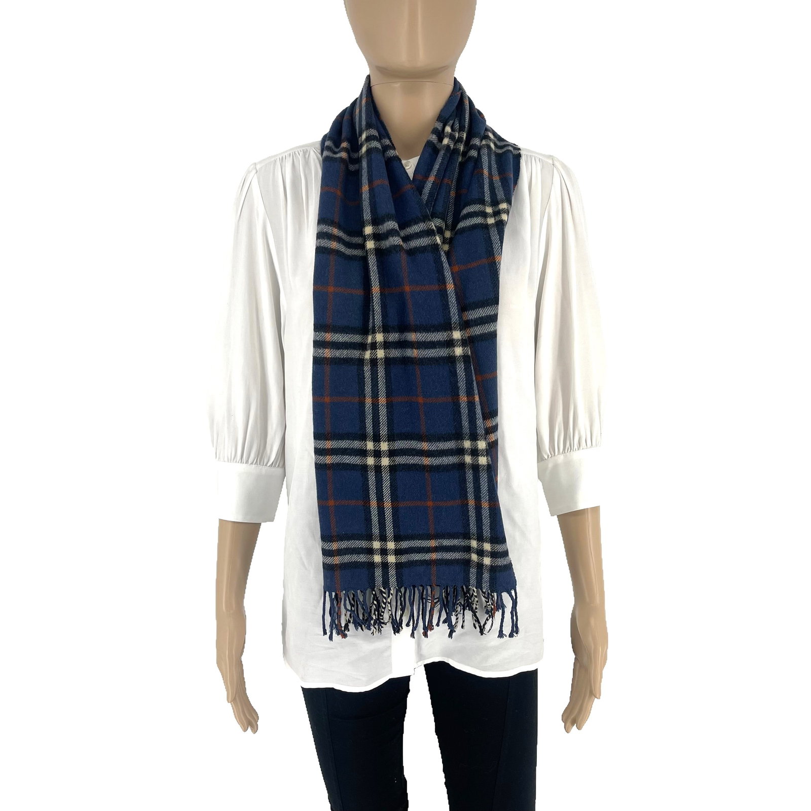 Burberrys Navy Blue Plaid 100% Cashmere Scarf - 2