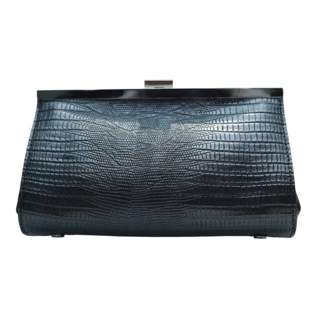 Black Leather Snake Pattern Frame Clutch Evening Bag Handbag - 2