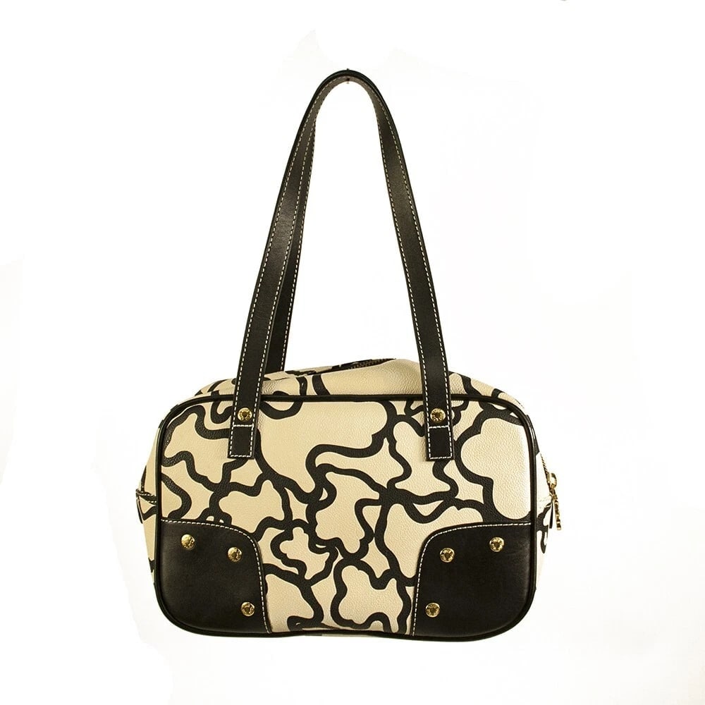 TOUS Black White Bear Signature Canvas Black Leather Studs Satchel Handbag bag - 2