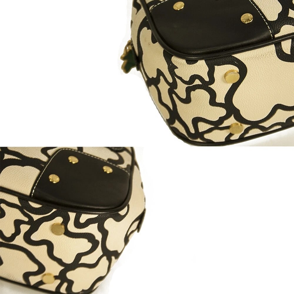 TOUS Black White Bear Signature Canvas Black Leather Studs Satchel Handbag bag - 4