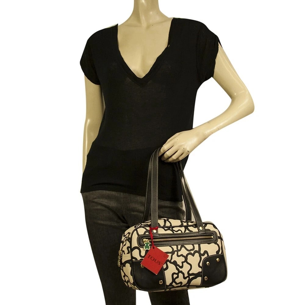 TOUS Black White Bear Signature Canvas Black Leather Studs Satchel Handbag bag - 7