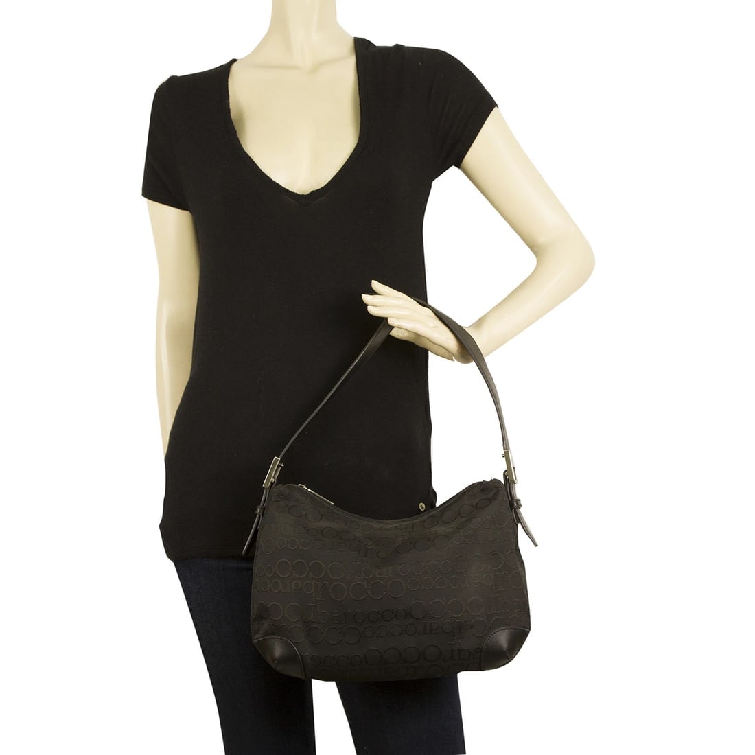 RoccoBarocco Black Signature Logo canvas shoulder bag Hobo Handbag - 9