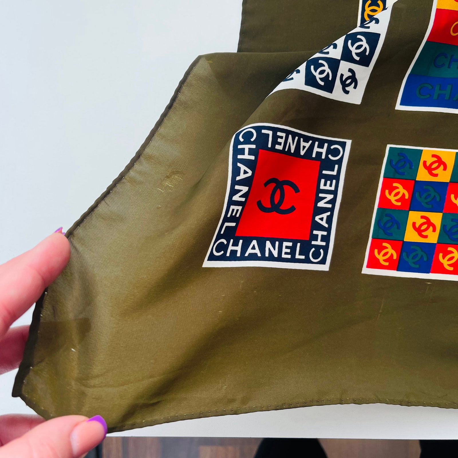 Chanel Green Printed 100% Silk Scarf - 6