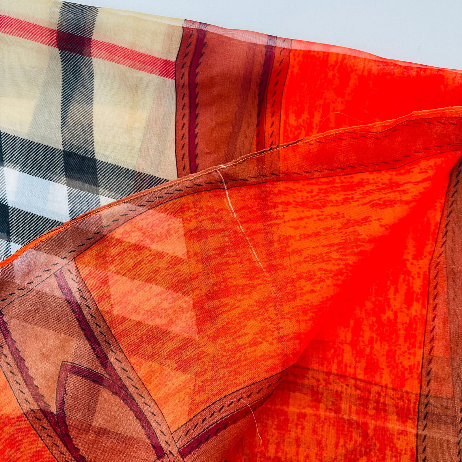 Burberry Beige & Orange Plaid 100% Silk Scarf - 11