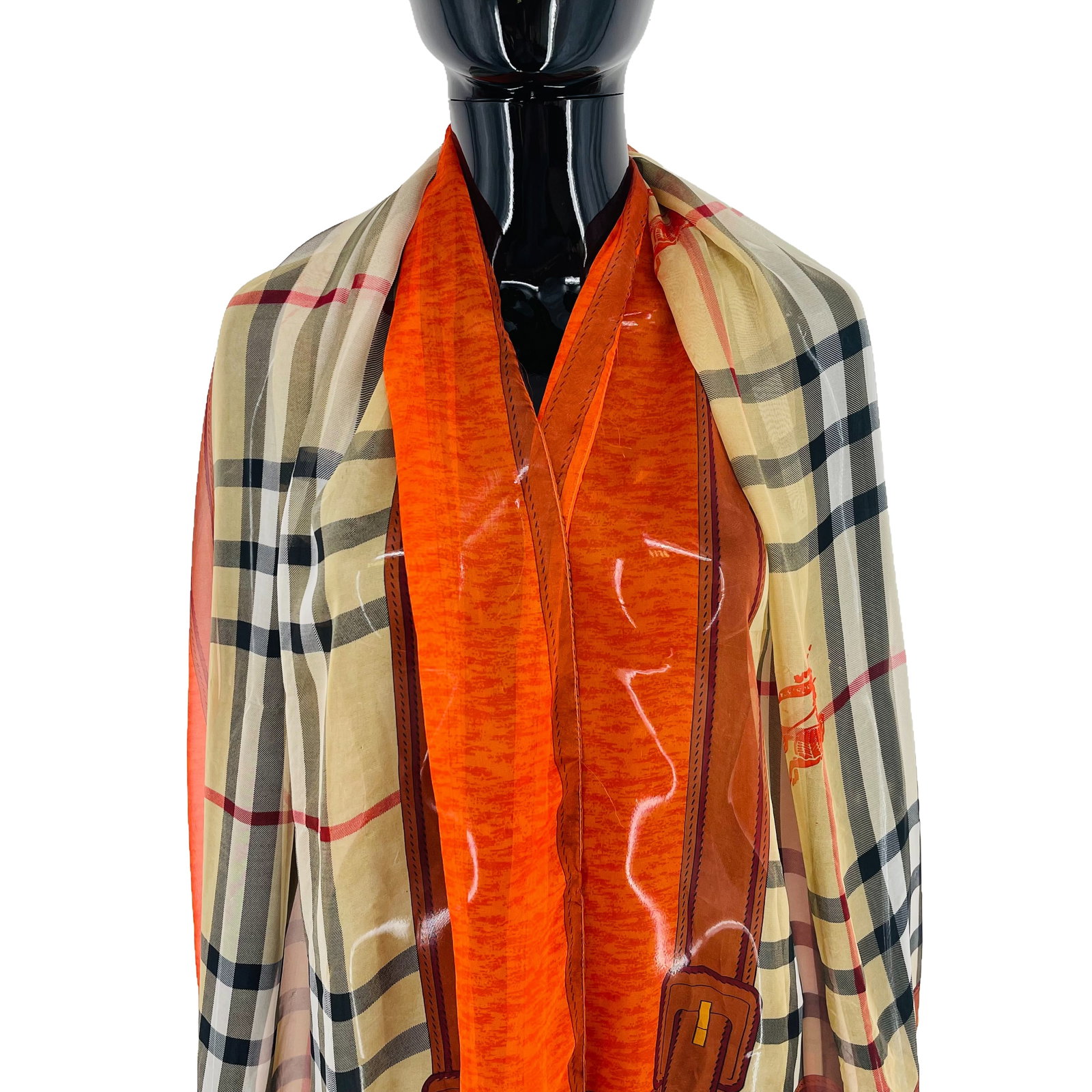 Burberry Beige & Orange Plaid 100% Silk Scarf - 2