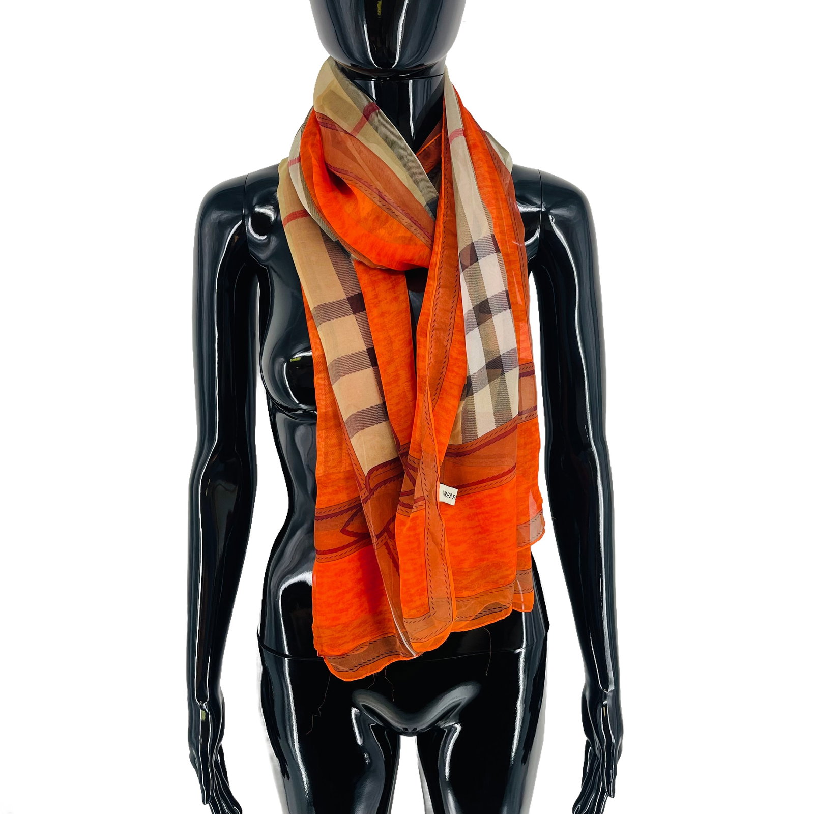Burberry Beige & Orange Plaid 100% Silk Scarf - 4