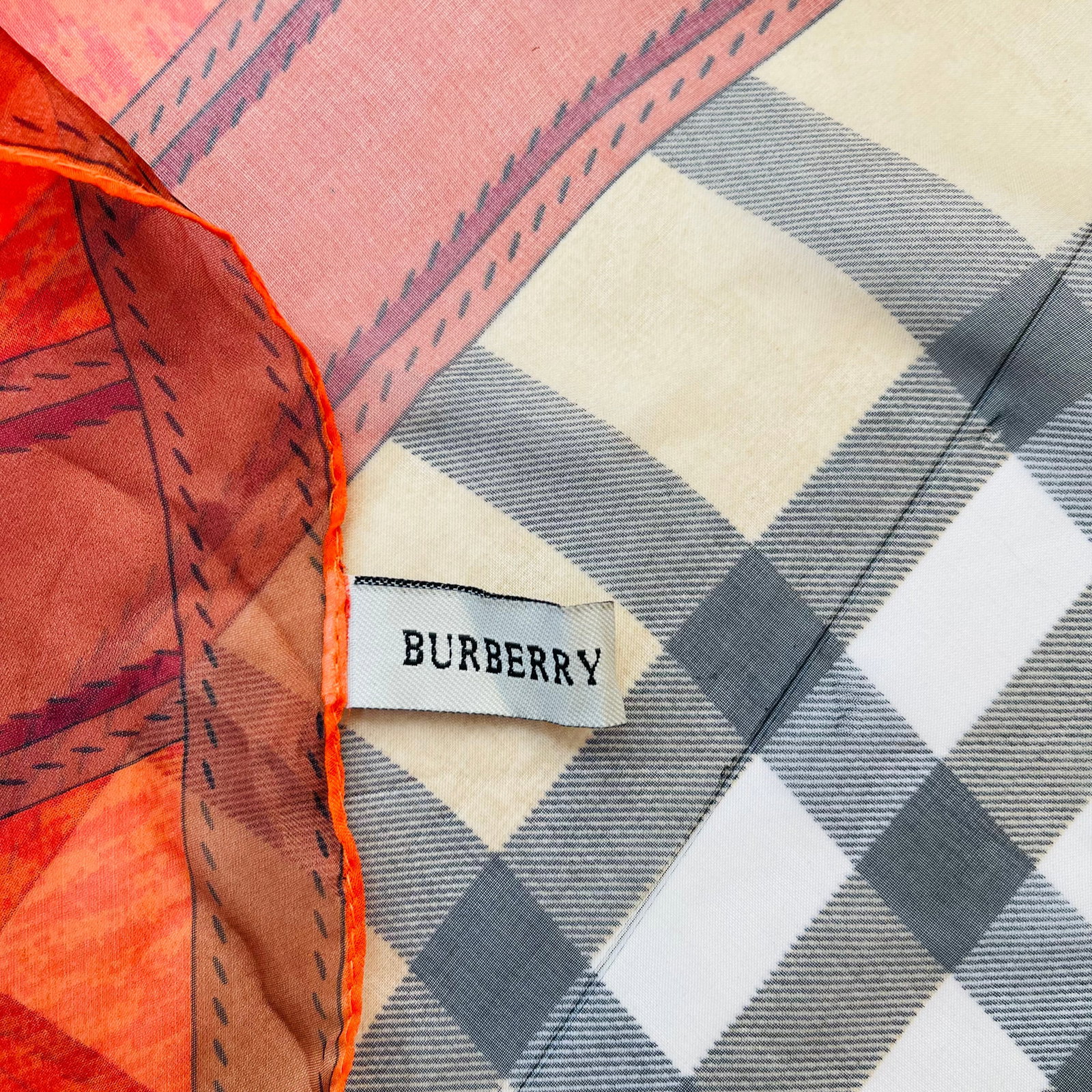 Burberry Beige & Orange Plaid 100% Silk Scarf - 6