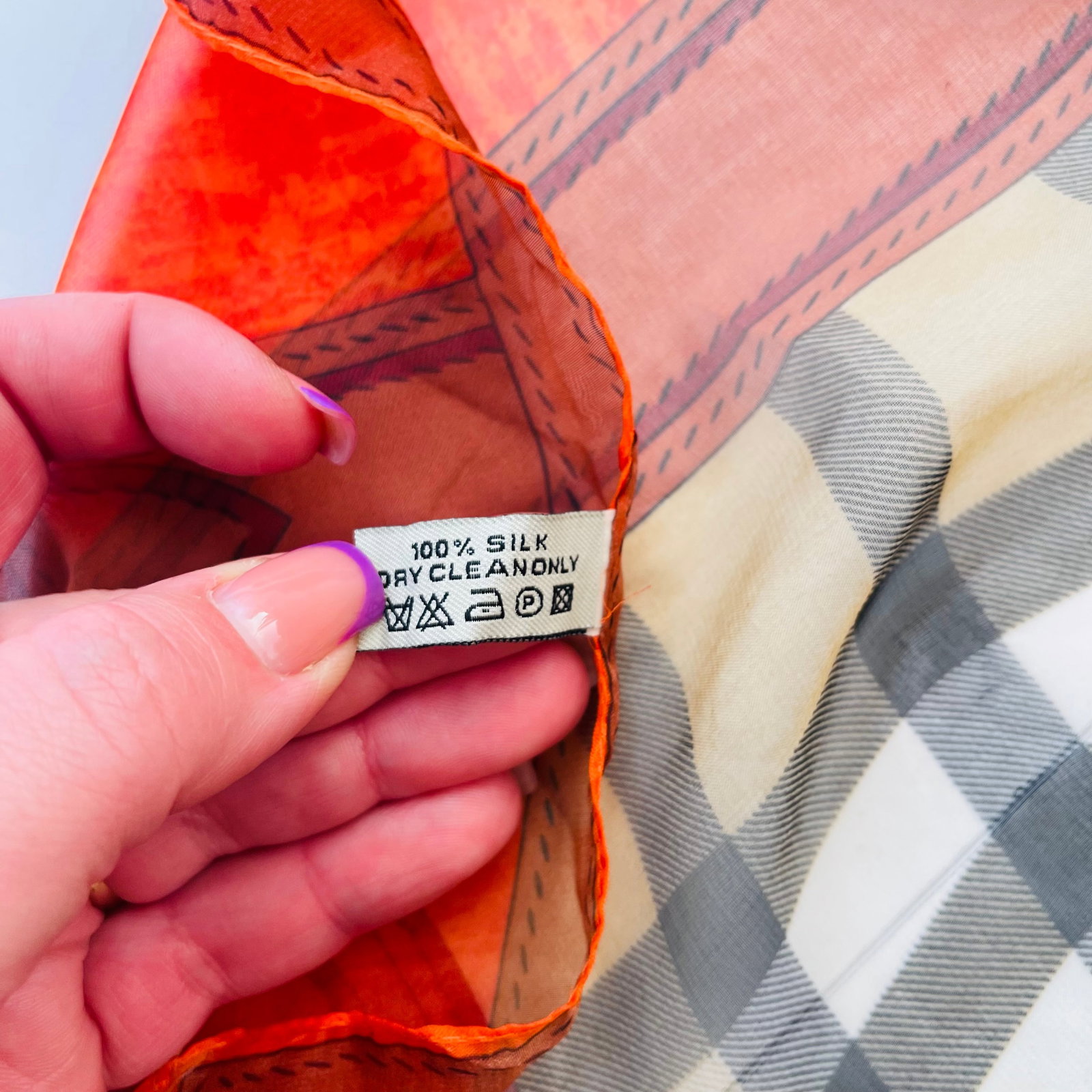 Burberry Beige & Orange Plaid 100% Silk Scarf - 7