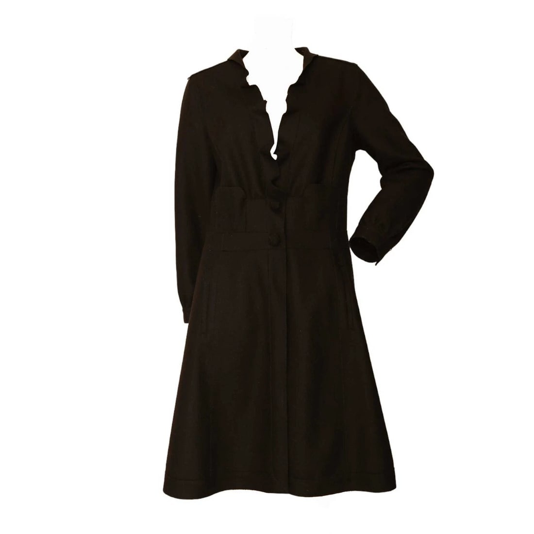 Miu Miu Black Woolen V Frilled Neckline Knee Length Coat size 44 - 3