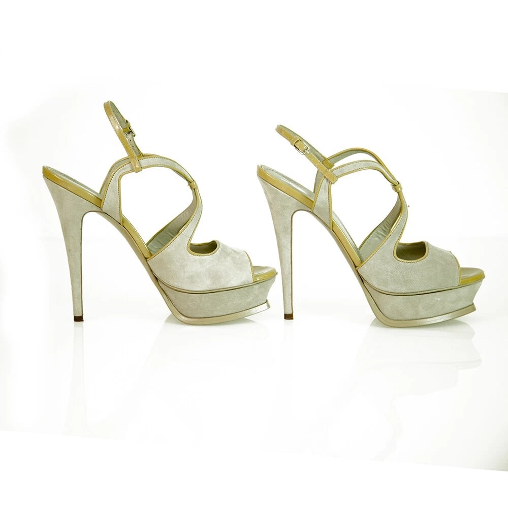 Yves Saint Laurent YSL Gray Suede Slingback Platform Heel open toe Pumps 40 - 5