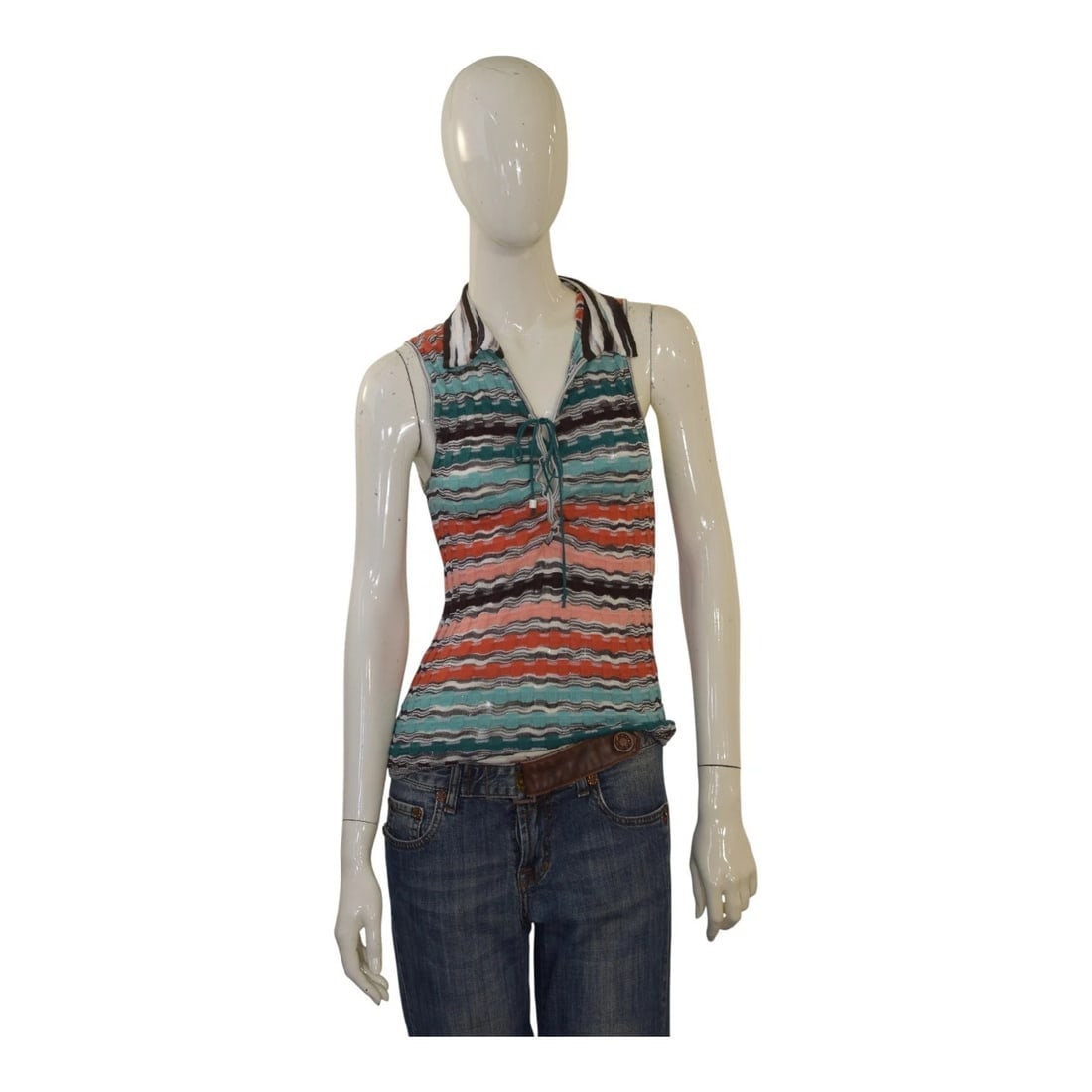 M Missoni Multicolor Patterned Knit Sleeveless Blouse Collared Polo Top size M: Title: M Missoni Multicolor Patterned Knit Sleeveless Blouse Collared Polo Top size M Description:Temperley Black Silk Knit Beige Gold Crochet Bib Long Sleeves Mini Dress size L M Missoni Multicolor