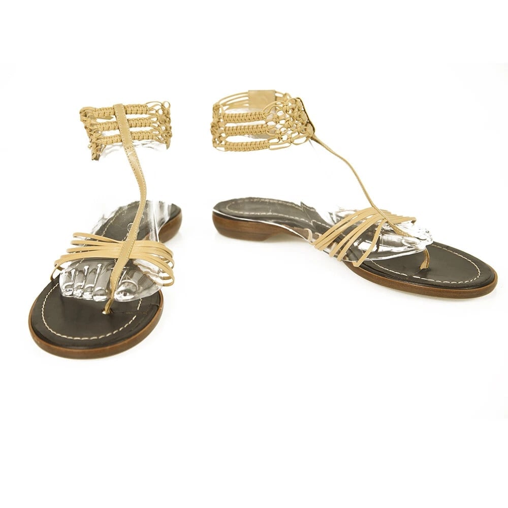 Roberto Cavalli Beige Leather Thin Straps Thong Flats Ankle Sandals Shoes sz 40 (1 of 9)