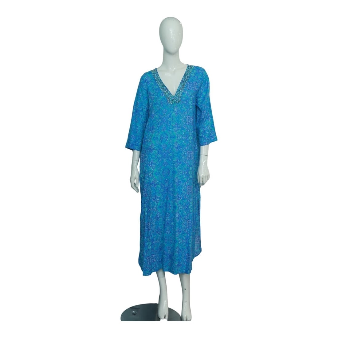 Antica Sartoria Blue Beaded Ethnic Print Cotton Summer Tunic Caftan dress size S: Title: Antica Sartoria Blue Beaded Ethnic Print Cotton Summer Tunic Caftan dress size S Description:Antica Sartoria Blue Beaded Ethnic Print Cotton Summer Tunic Caftan dress size S Beautiful and