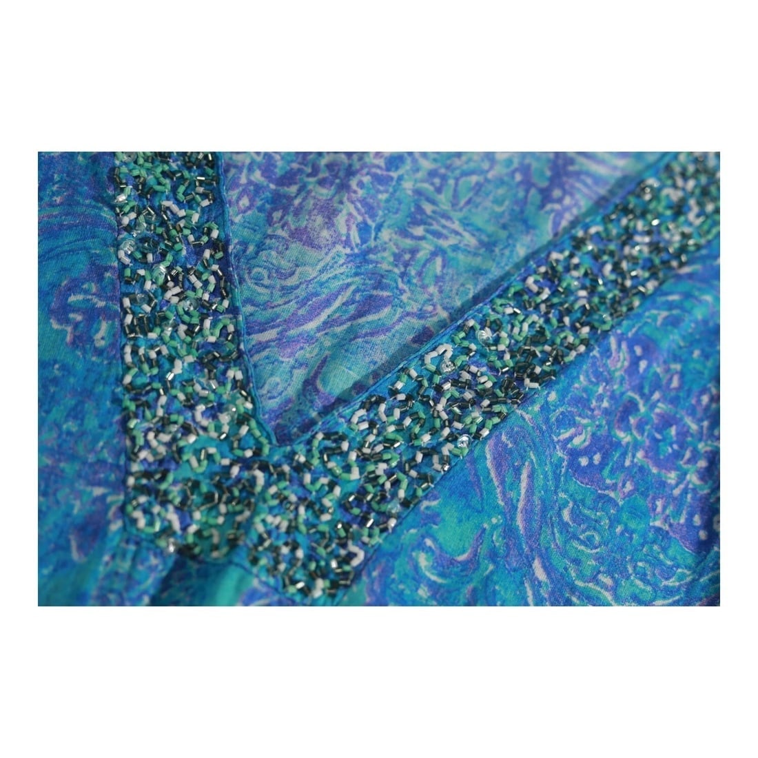 Antica Sartoria Blue Beaded Ethnic Print Cotton Summer Tunic Caftan dress size S - 4