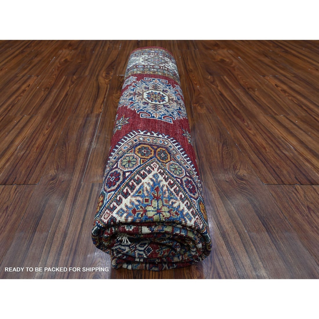 Red Hand Knotted Super Kazak All Over Motifs Wool Oriental Rug - 9
