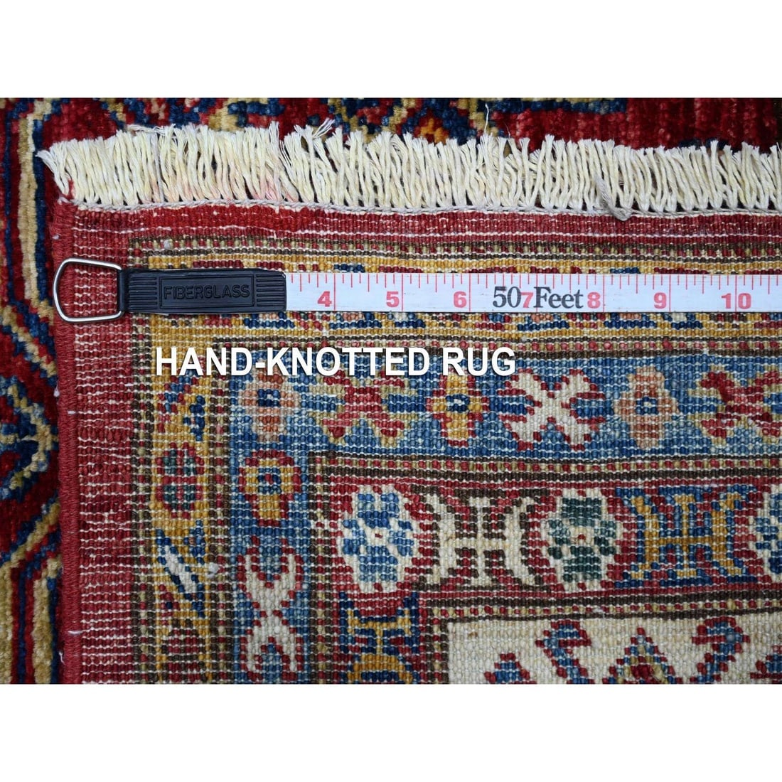 Red Hand Knotted Super Kazak All Over Motifs Wool Oriental Rug - 11
