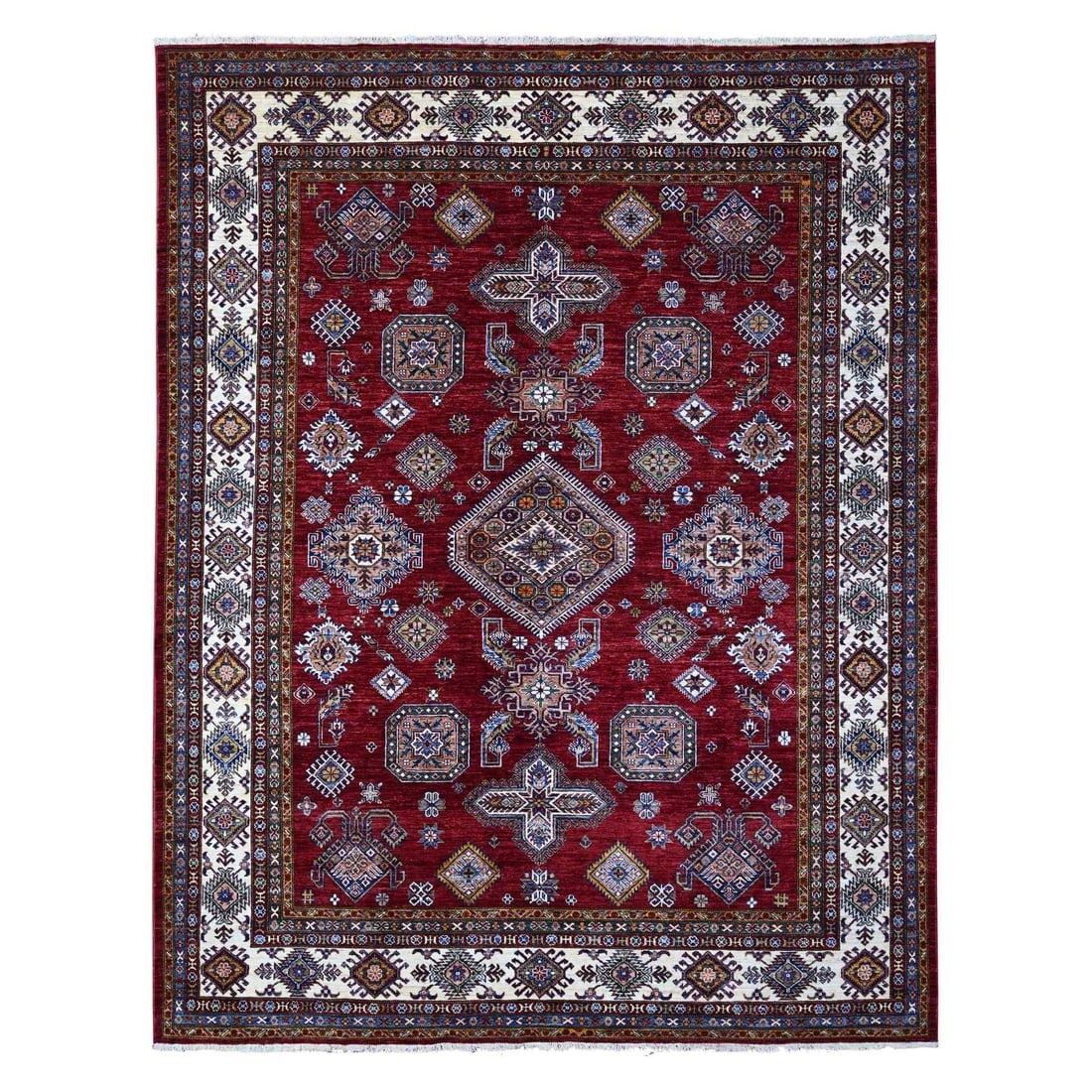 Red Hand Knotted Super Kazak All Over Motifs Wool Oriental Rug: Title: Red Hand Knotted Super Kazak All Over Motifs Wool Oriental Rug Description:This is a truly genuine one-of-a-kind. It has been Knotted for months and months in the centuries-old weaving craftsma