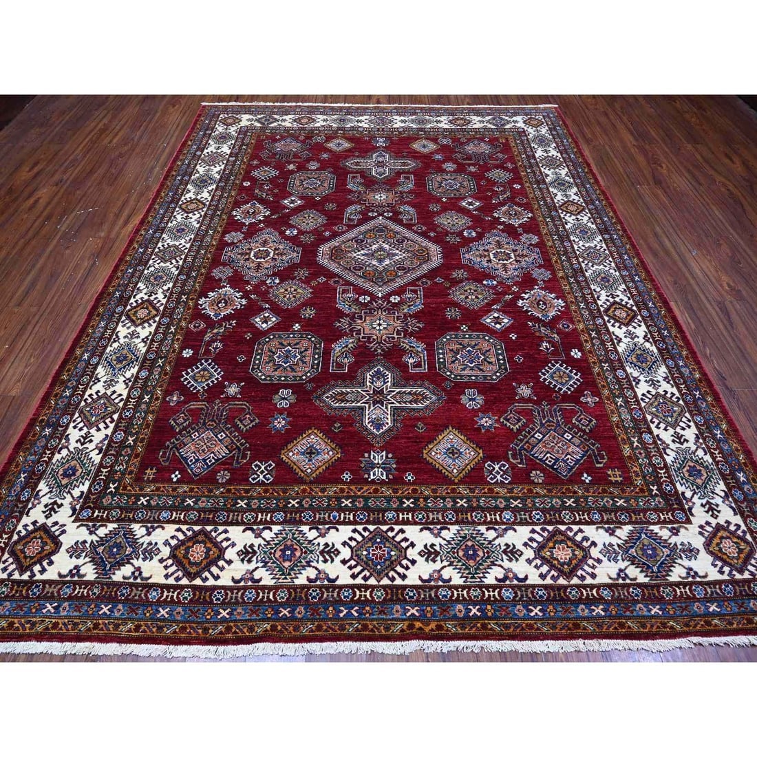 Red Hand Knotted Super Kazak All Over Motifs Wool Oriental Rug - 2