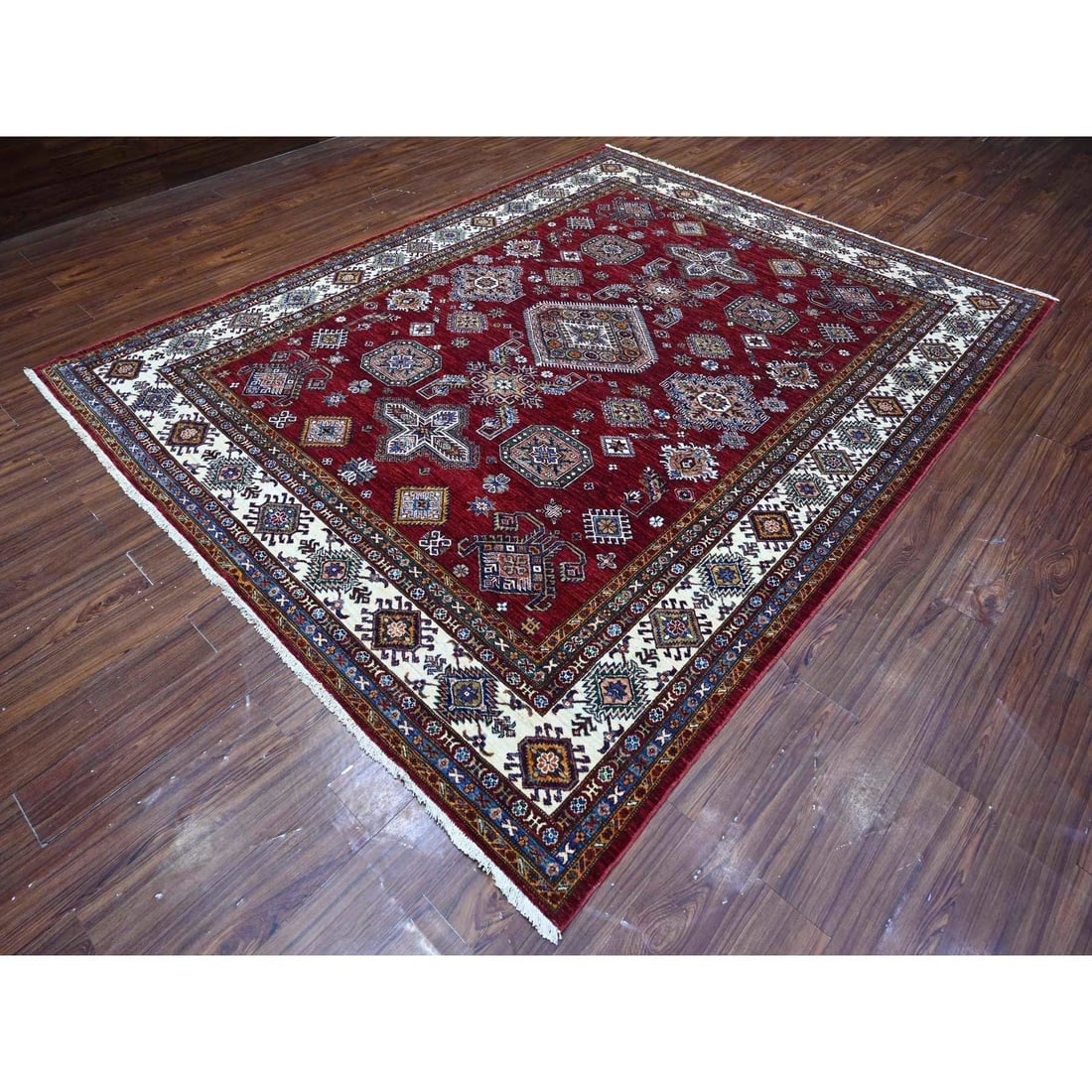 Red Hand Knotted Super Kazak All Over Motifs Wool Oriental Rug - 3
