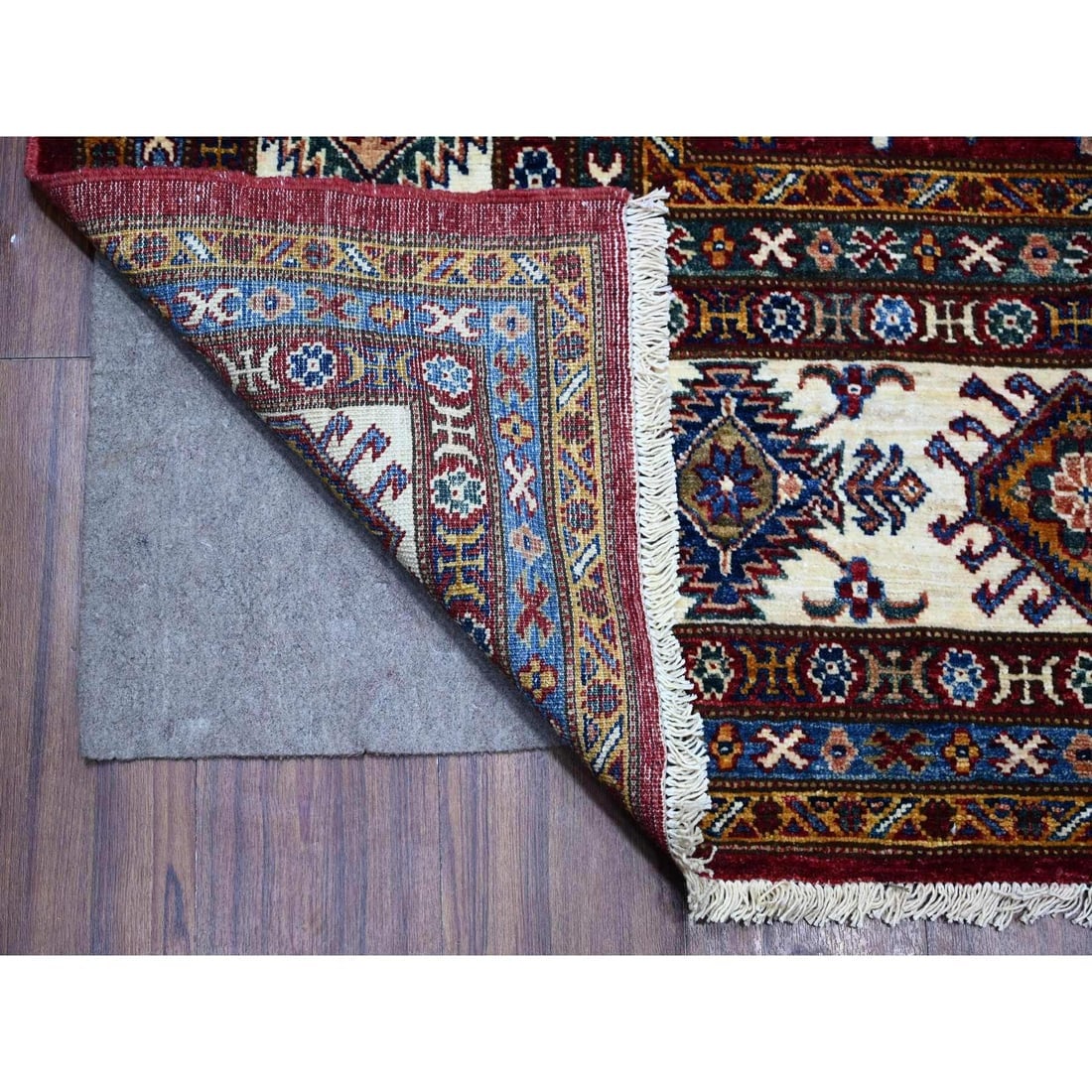 Red Hand Knotted Super Kazak All Over Motifs Wool Oriental Rug - 4