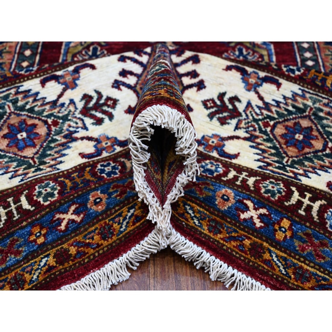 Red Hand Knotted Super Kazak All Over Motifs Wool Oriental Rug - 5